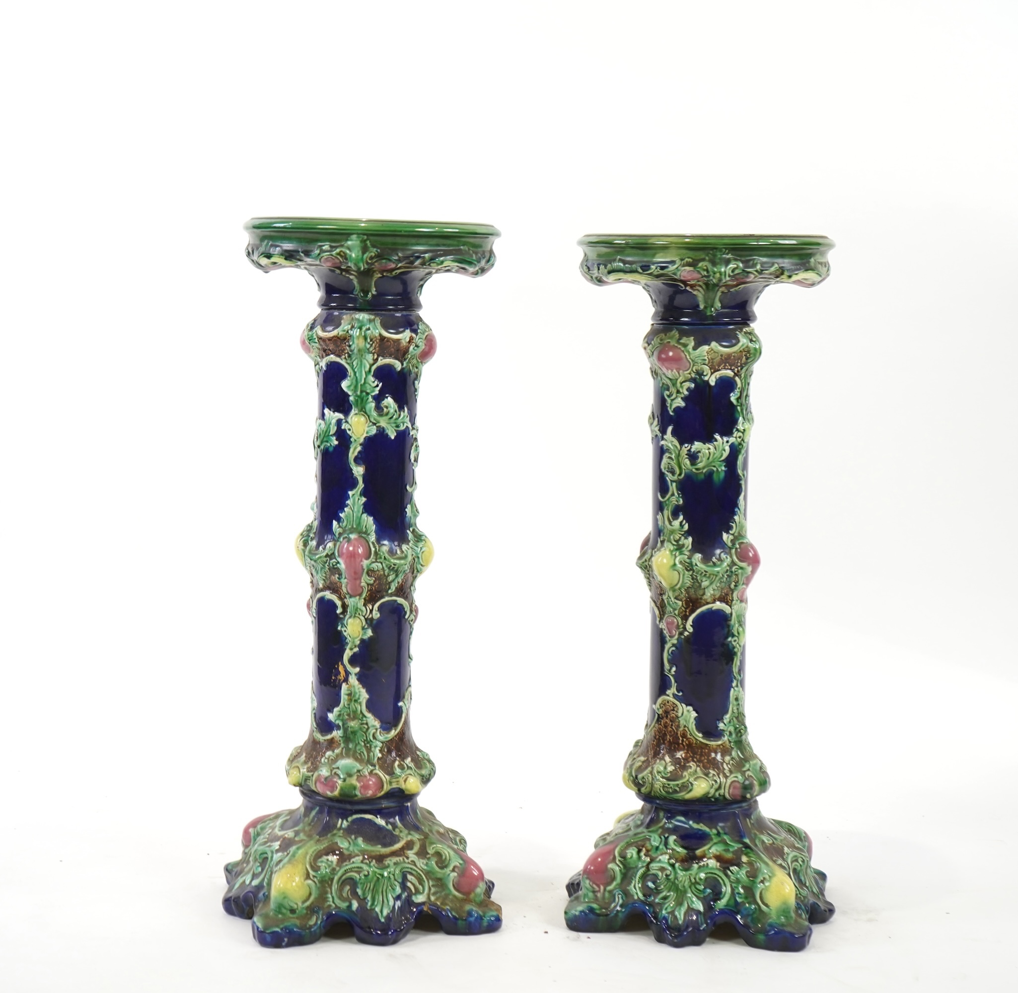 A pair of Continental majolica pedestals, late 19th century